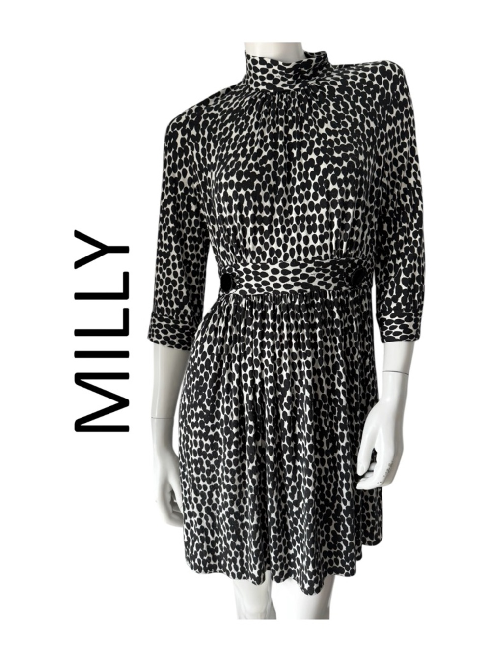 Milly Black and White Dot-Print High Neck Long Sleeve Dress